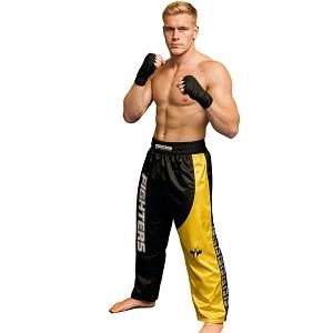 FIGHTERS - Pantalon de Kick-boxing / Satiné / Noir-Jaune / Medium